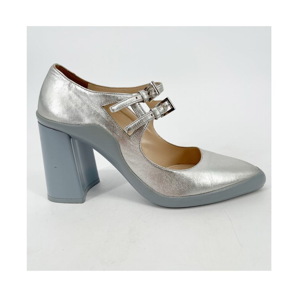 Prada F/W 2015 Runway Silver Metallic Mary Jane Rubber Trim Block Heels IT 37.5